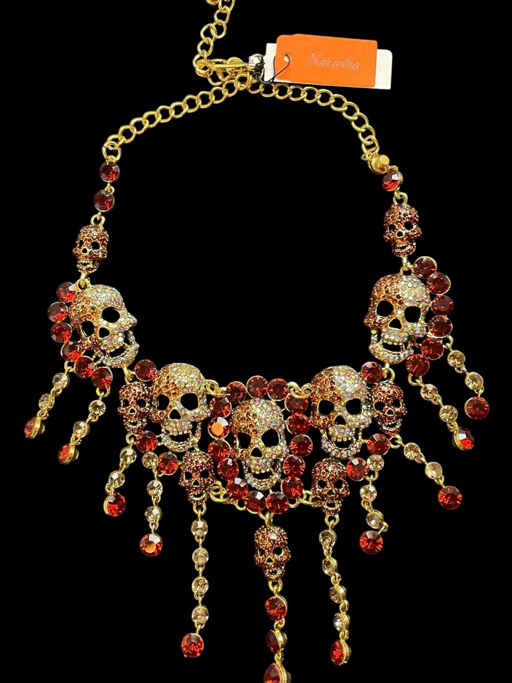 Natasha Couture Gold-tone Necklace with Red Crystal Skulls